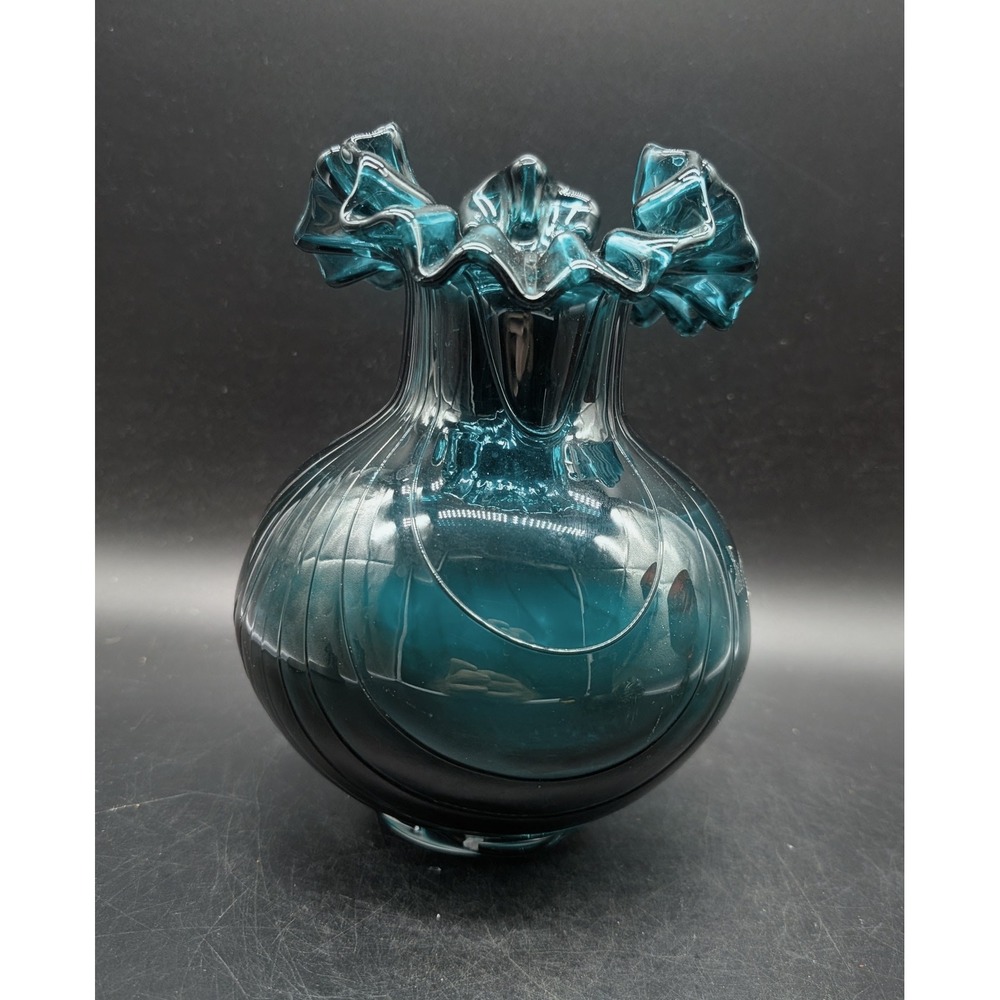 Vintage Teal Blue Hand Blown Art Glass Vase Ruffled Rim Optic Ribbed Bulbous 7"